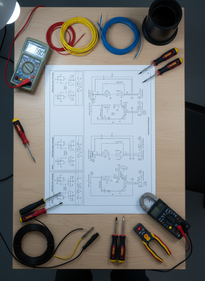 Un banco da lavoro tecnico con al centro una grande tavola di progetto A3 piena di schemi elettrici dettagliati, simboli normalizzati e curve di intervento, tracciati con linee precise. Attorno, strumenti professionali: multimetro digitale acceso, pinze amperometriche, cercafase, cacciaviti isolati con impugnatura bicolore, bobine di cavo unipolare di diversi colori. Il piano è in legno chiaro, ordinato ma operativo. Luce fredda diffusa da lampade da laboratorio sopraelevate, che elimina le ombre dure e mette in risalto il nero dei tracciati sulla carta bianca. Atmosfera concentrata e rigorosa. Inquadratura a vista d’uccello, composizione equilibrata, profondità di campo uniforme, stile fotografico realistico, adatto a slide educative sull’impiantistica elettrica.